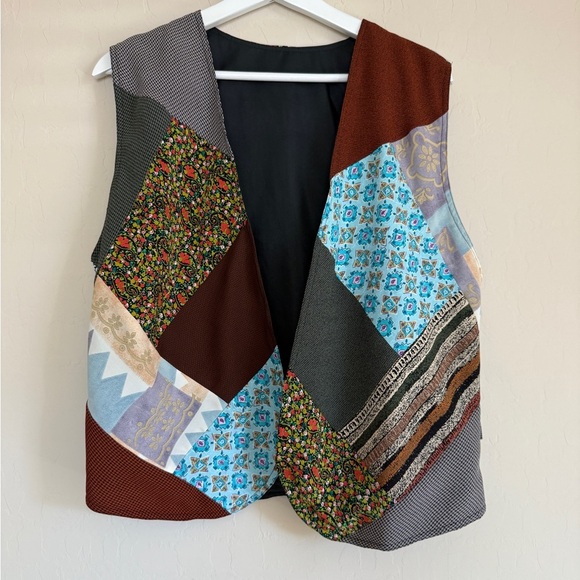 Patchwork Relaxed Fit Casual Vest Boho Southwestern Retro Prints Funky Hand Made - Picture 1 of 5